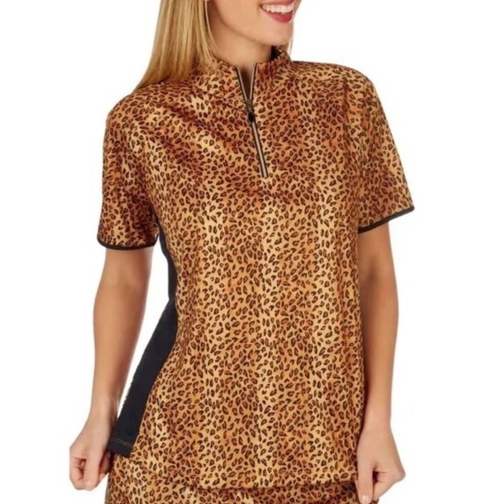 Greg Norman PlayDry Women XXL Leopard Print Quarter Zip Golf Polo Shirt Animal